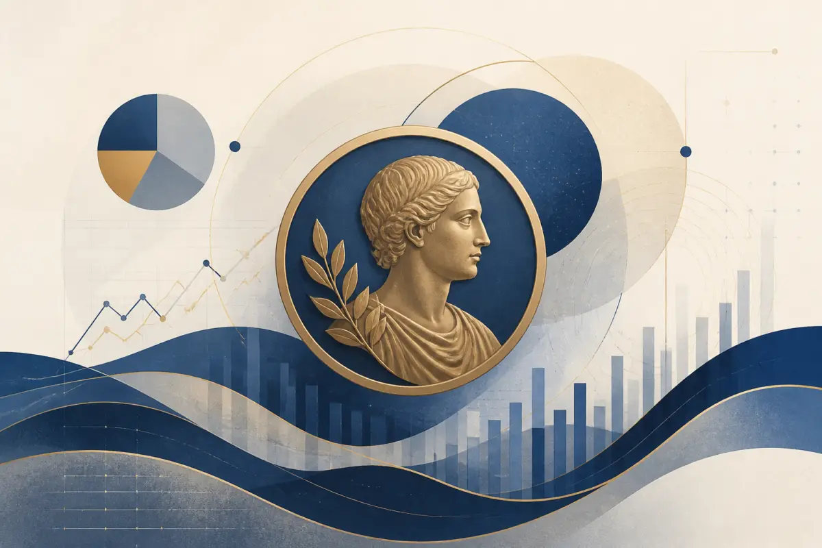 Illustrazione editoriale con simboli dell’economia e un medaglione stilizzato, senza testo, in stile giornalistico