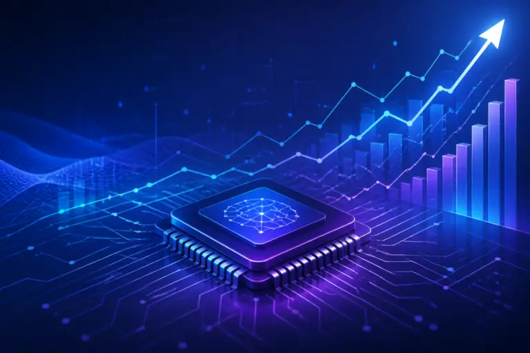 Illustrazione editoriale con grafico finanziario in crescita e chip AI stilizzato su sfondo tecnologico, senza testo