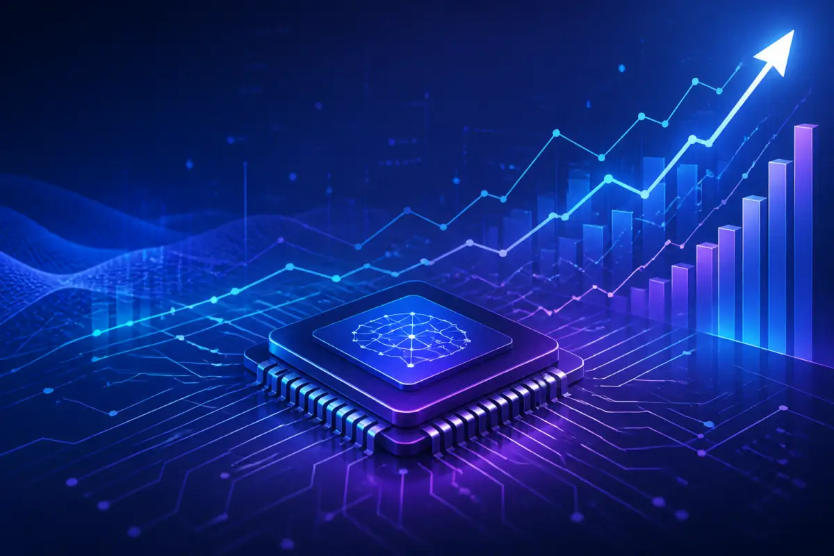 Illustrazione editoriale con grafico finanziario in crescita e chip AI stilizzato su sfondo tecnologico, senza testo