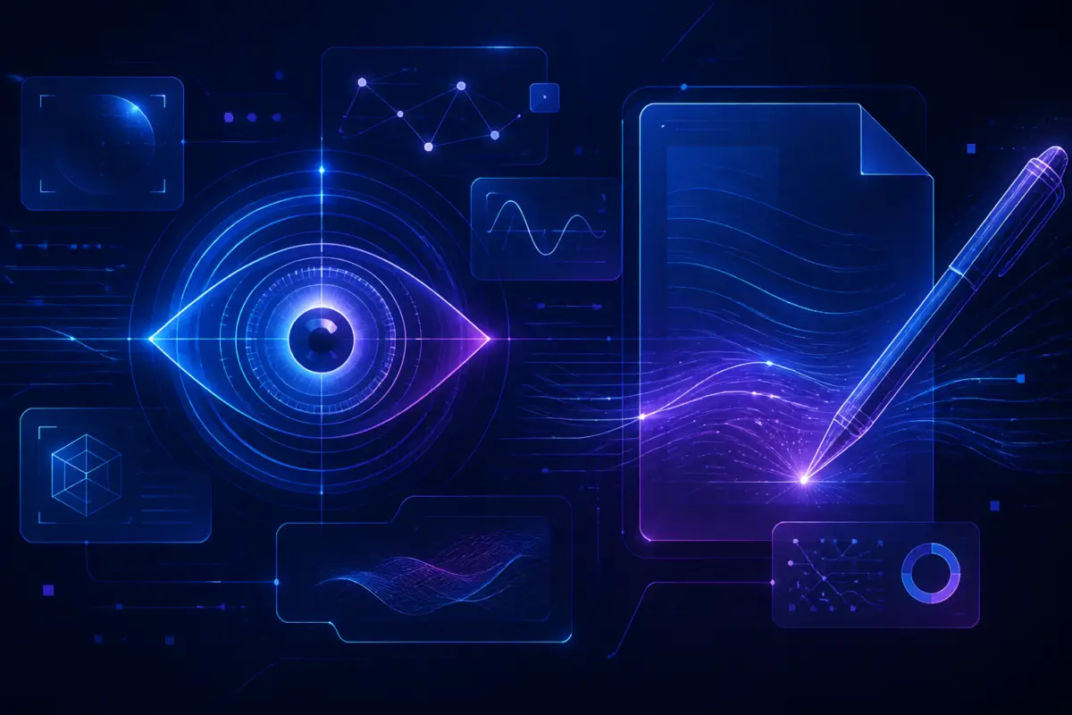 Illustrazione editoriale di un’interfaccia AI astratta con nodi luminosi e pannelli digitali, senza testo