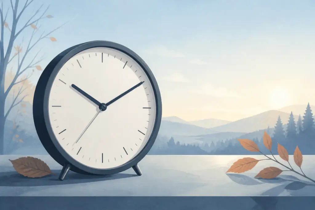 Illustrazione editoriale di un orologio analogico accanto a foglie autunnali, con atmosfera sobria e senza testo