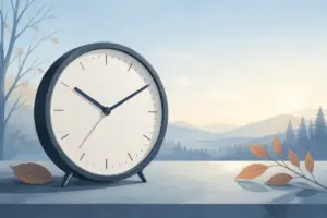 Illustrazione editoriale di un orologio analogico accanto a foglie autunnali, con atmosfera sobria e senza testo