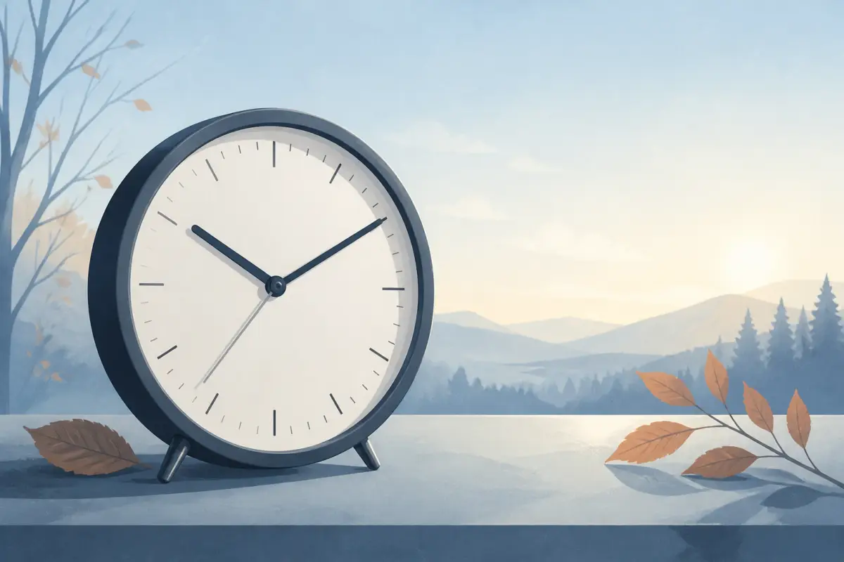 Illustrazione editoriale di un orologio analogico accanto a foglie autunnali, con atmosfera sobria e senza testo