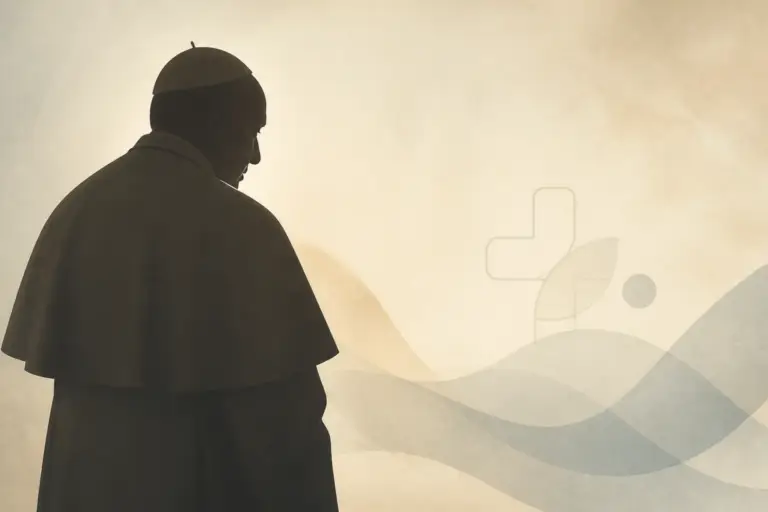Illustrazione editoriale del Papa in controluce con uno sfondo sobrio e un piccolo simbolo medico astratto, senza testo
