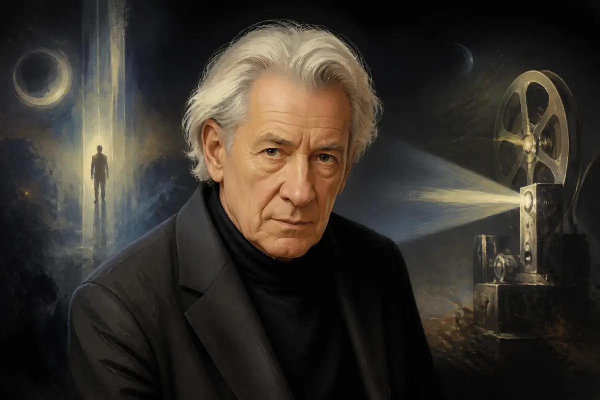 Illustrazione editoriale di un attore anziano in stile sobrio, con luci teatrali e richiamo visivo alla carriera tra fantascienza e cinema, senza testo.