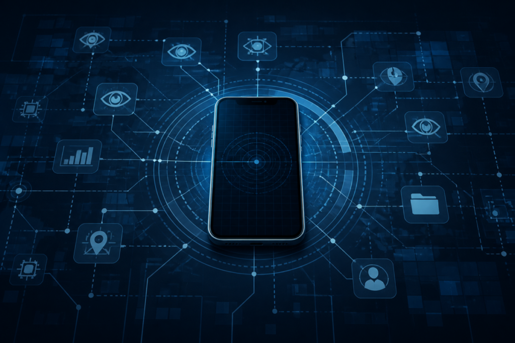 Illustrazione editoriale di uno smartphone con elementi digitali di sorveglianza, stile pulito e informativo, senza testo