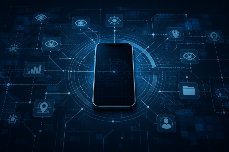 Illustrazione editoriale di uno smartphone con elementi digitali di sorveglianza, stile pulito e informativo, senza testo