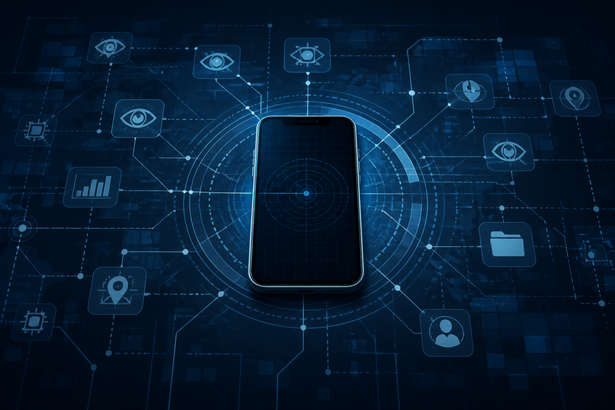 Illustrazione editoriale di uno smartphone con elementi digitali di sorveglianza, stile pulito e informativo, senza testo