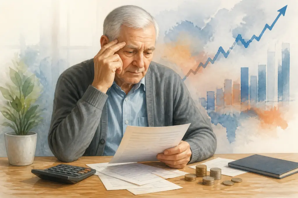 Illustrazione editoriale di una pensionata che controlla un documento con grafici e monete, in uno stile realistico ma non fotografico, senza testo visibile