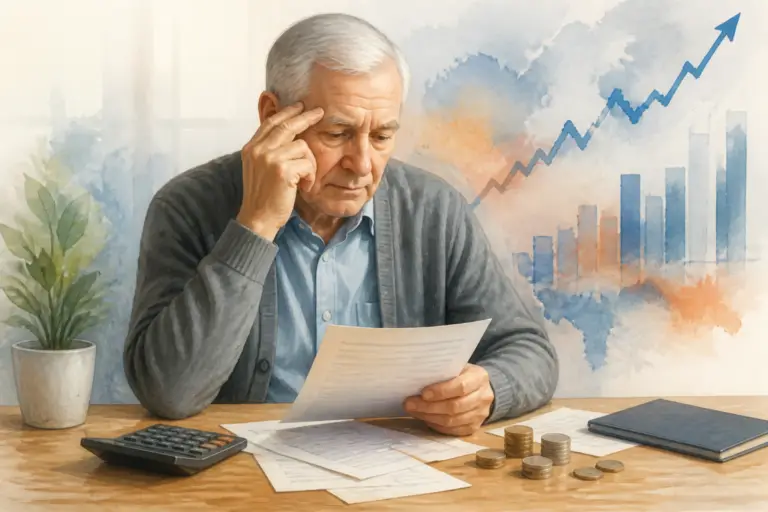 Illustrazione editoriale di una pensionata che controlla un documento con grafici e monete, in uno stile realistico ma non fotografico, senza testo visibile