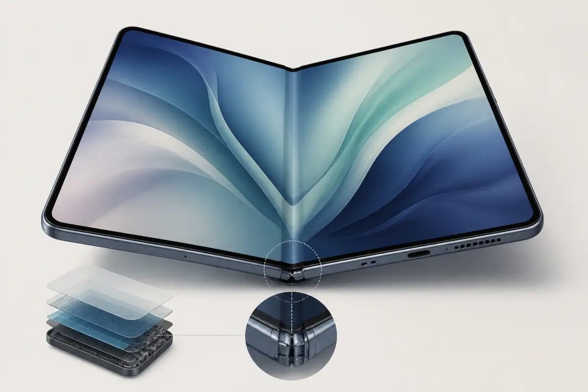 Illustrazione editoriale di uno smartphone pieghevole aperto con evidenza sulla cerniera e sul bordo del display interno, senza testo.