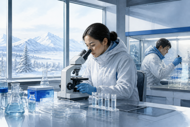 Illustrazione editoriale di un laboratorio scientifico in ambiente invernale siberiano, con elementi visivi sobri e senza testo, per accompagnare un articolo su un caso sanitario sospetto.