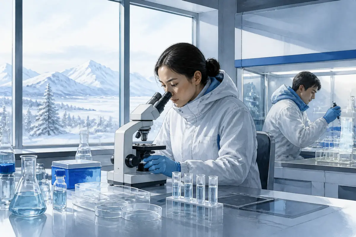 Illustrazione editoriale di un laboratorio scientifico in ambiente invernale siberiano, con elementi visivi sobri e senza testo, per accompagnare un articolo su un caso sanitario sospetto.