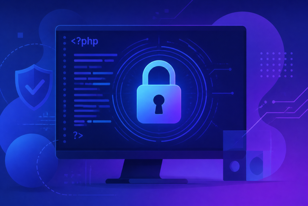 Illustrazione editoriale con codice PHP, lucchetto e simboli di sicurezza digitale su sfondo astratto