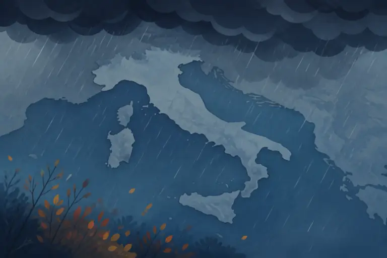 Illustrazione editoriale di nuvole e pioggia sopra una mappa stilizzata dell’Italia, senza testo