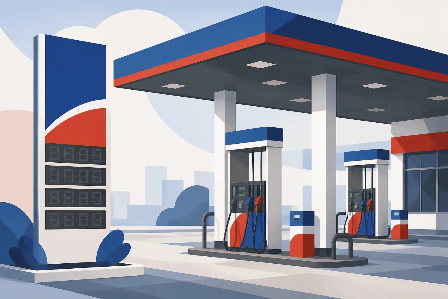 Illustrazione editoriale di un distributore di carburante con indicatori di prezzo stilizzati e grafica pulita, senza elementi testuali