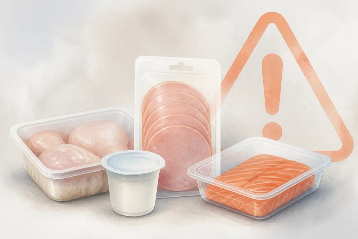 Illustrazione editoriale di confezioni di alimenti refrigerati con simboli di avviso e sfondo neutro, senza testo