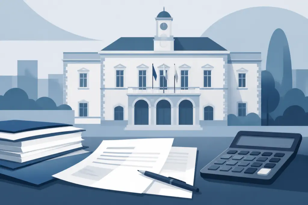 Illustrazione editoriale di un municipio italiano con documenti contrattuali e simboli del lavoro pubblico, in stile pulito e informativo