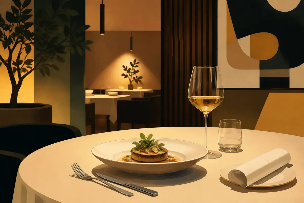 Illustrazione editoriale di un tavolo di ristorante elegante con piatto gourmet e luce calda, senza persone riconoscibili
