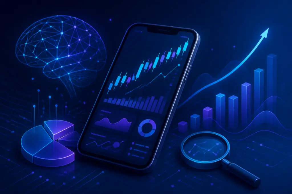 Illustrazione editoriale di un’app di trading con elementi AI, grafici di mercato e interfacce digitali, senza testo.