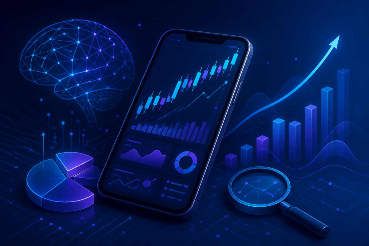 Illustrazione editoriale di un’app di trading con elementi AI, grafici di mercato e interfacce digitali, senza testo.
