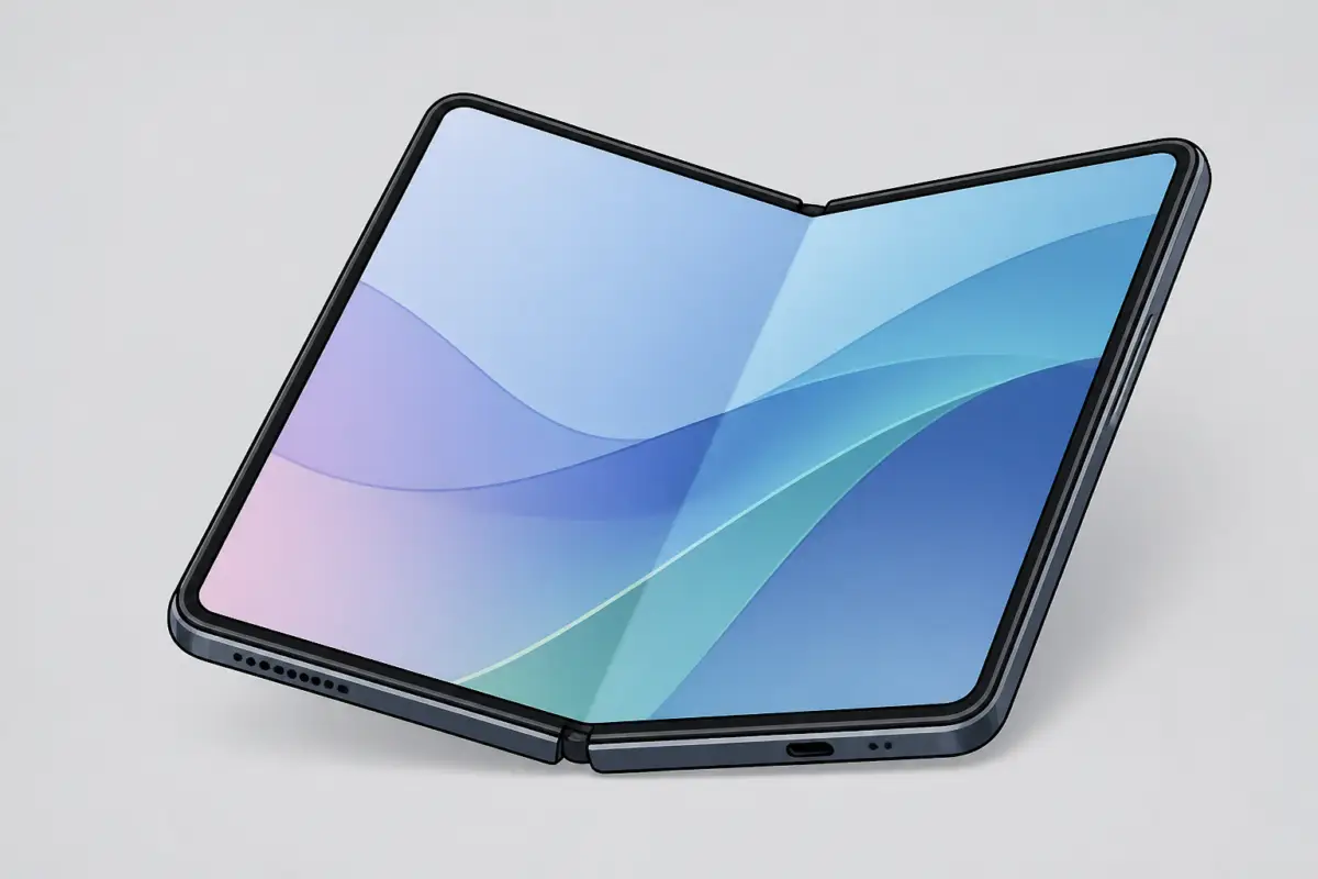 Illustrazione editoriale di uno smartphone pieghevole aperto con enfasi sulla piega centrale del display, in stile pulito e tecnologico