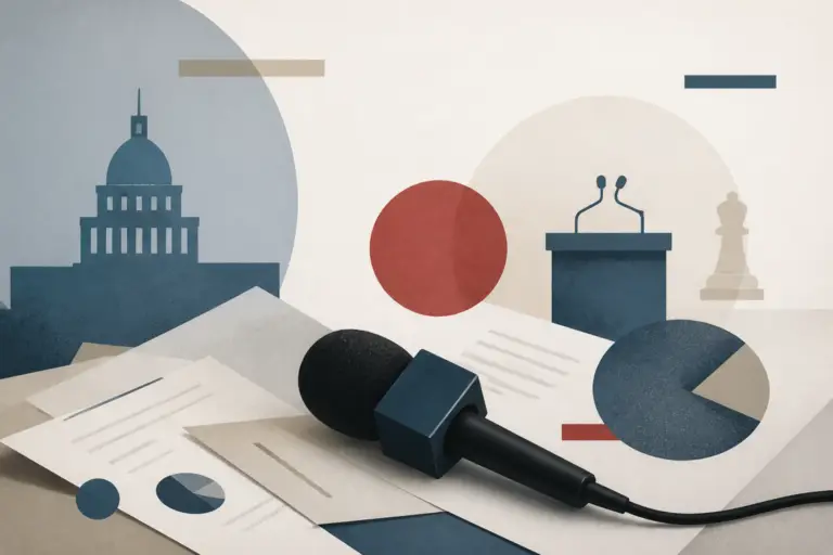 Illustrazione editoriale con un microfono e un foglio con simboli politici astratti, in stile sobrio e informativo