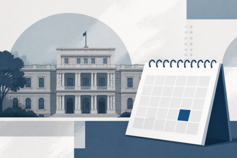 Illustrazione editoriale della facciata del palazzo del governo spagnolo con un calendario evidenziato sul 29 novembre e colori neutri, senza elementi fotografici realistici