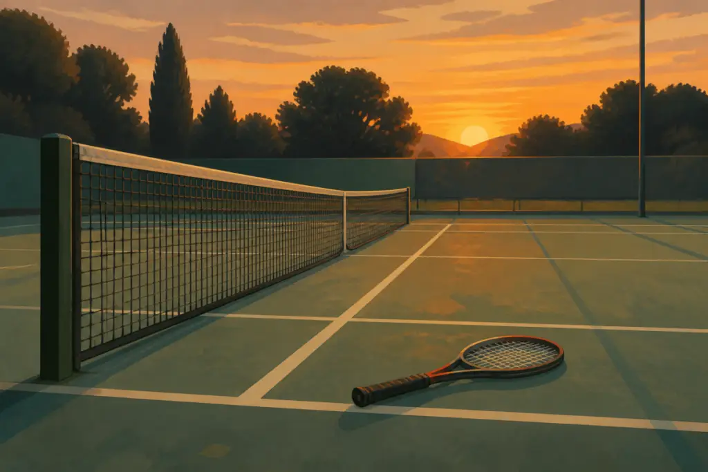 Illustrazione editoriale di un campo da tennis vuoto con una racchetta appoggiata vicino alla rete, in stile sobrio e senza testo