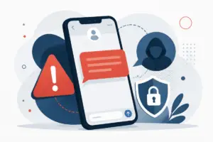 Illustrazione editoriale di uno smartphone con un messaggio sospetto evidenziato da simboli di allerta, su sfondo pulito e grafico