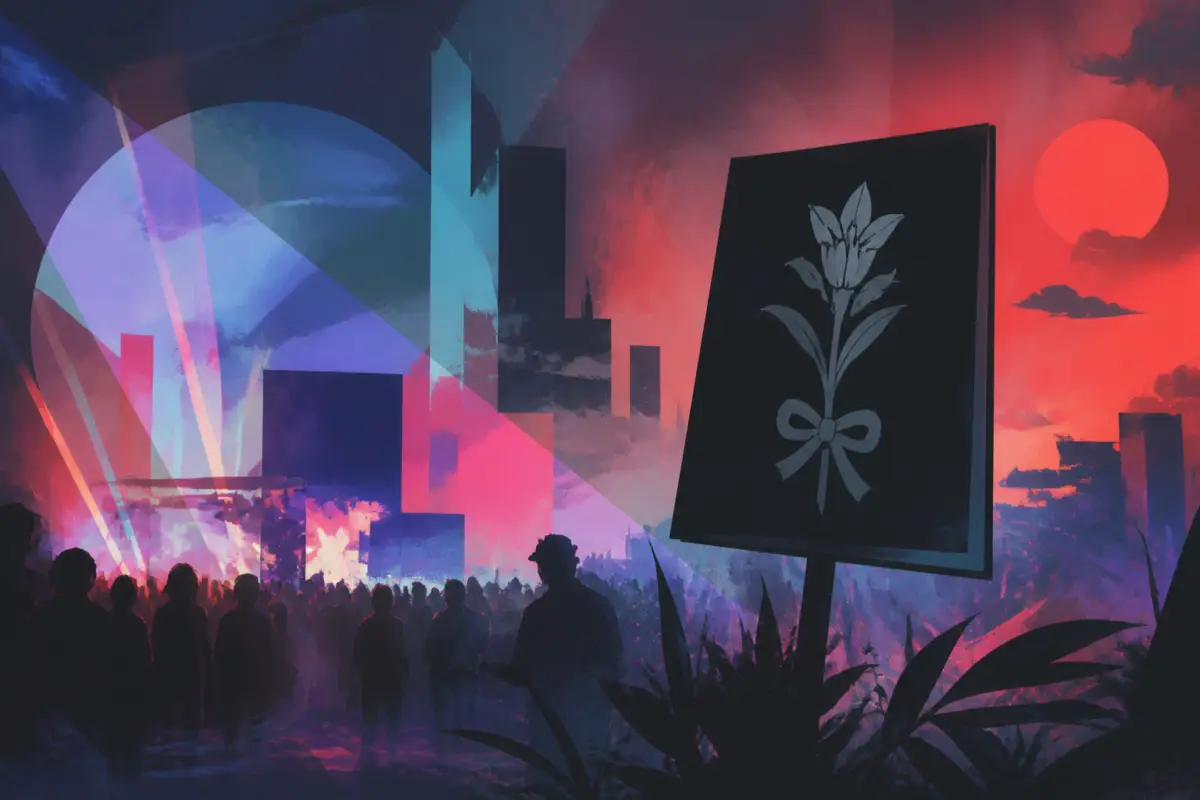 Illustrazione editoriale di un palco festivaliero stilizzato con grafica funebre astratta e colori contrastanti, senza testo e senza elementi fotografici realistici.
