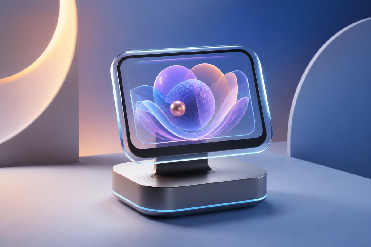 Illustrazione editoriale di un piccolo display 3D da scrivania con interfaccia astratta, senza testo e senza sembrare una foto reale.