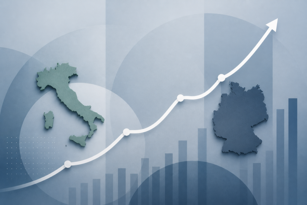 Grafico editoriale con andamento in salita dello spread BTP-Bund, con linee pulite e colori istituzionali, senza testo e senza elementi fotografici realistici.
