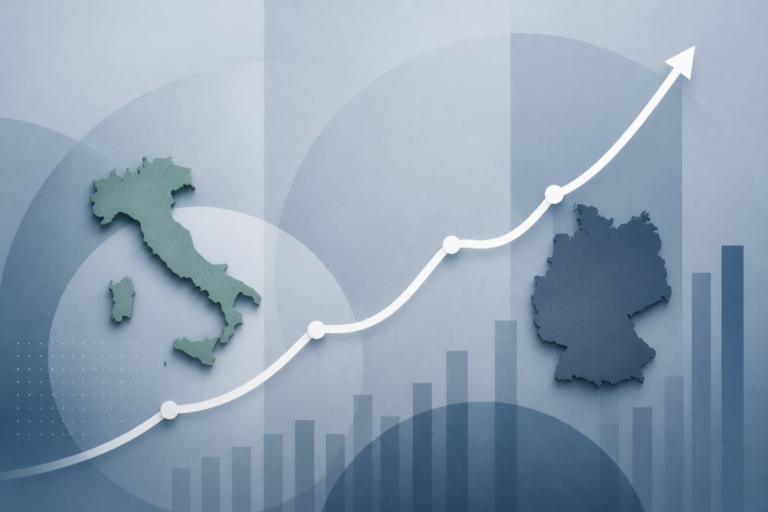 Grafico editoriale con andamento in salita dello spread BTP-Bund, con linee pulite e colori istituzionali, senza testo e senza elementi fotografici realistici.