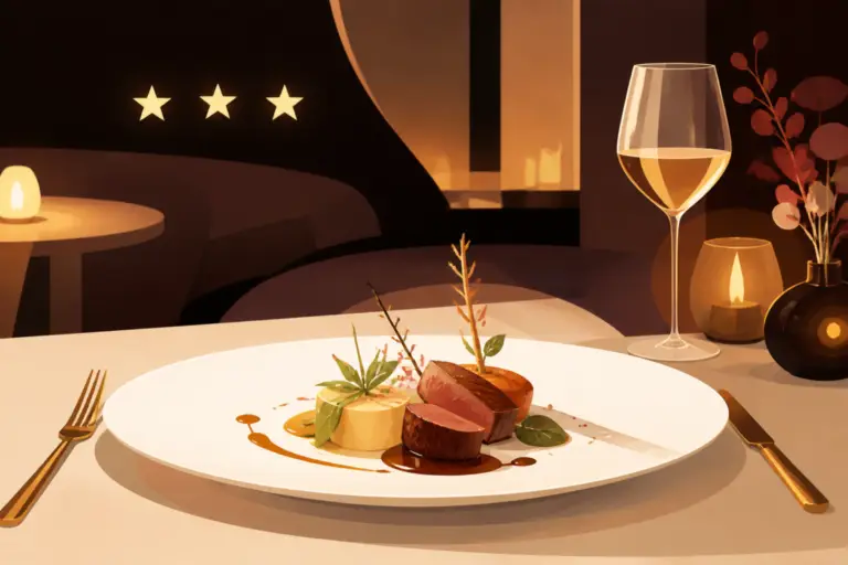 Illustrazione editoriale di un piatto gourmet con tre stelle stilizzate in un ambiente raffinato, senza testo