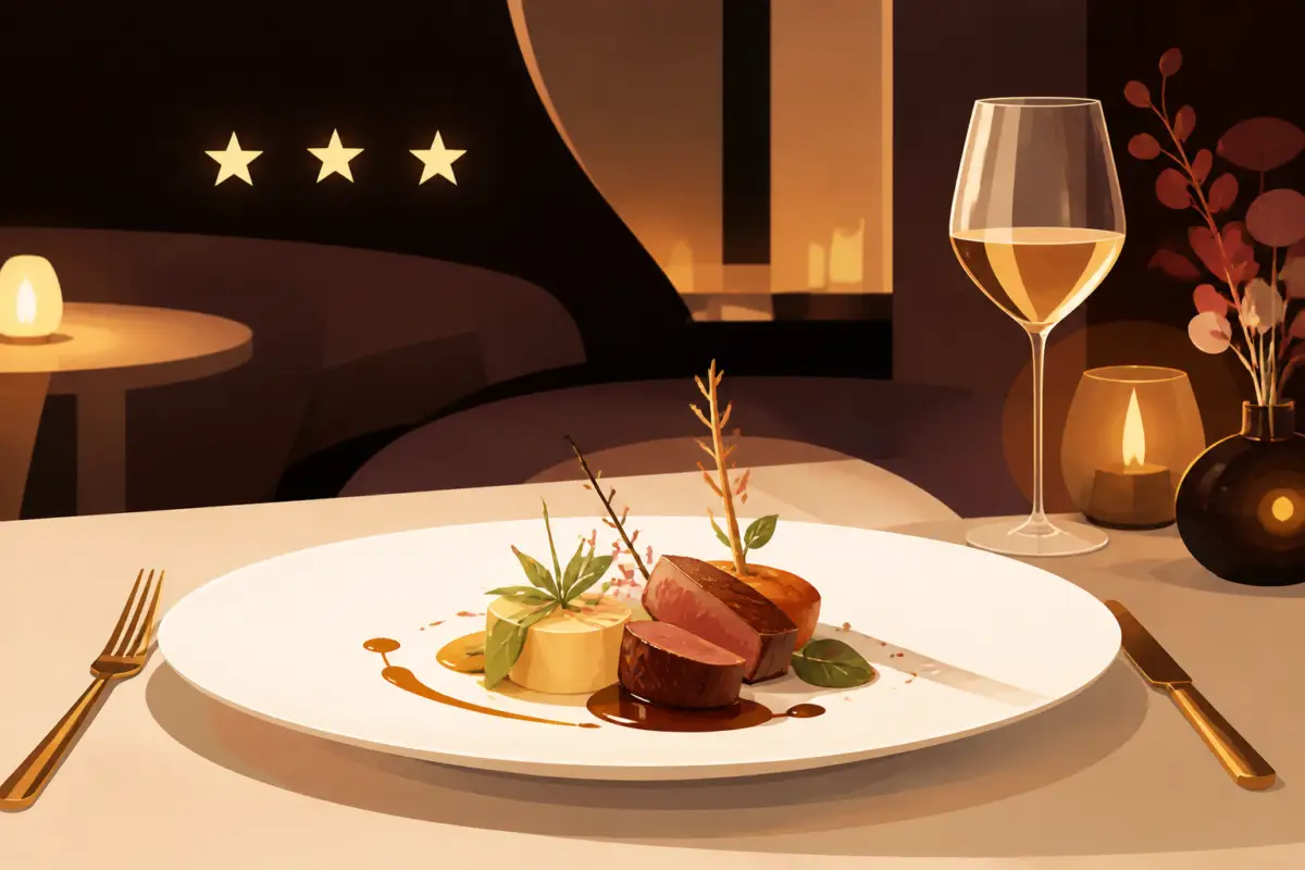 Illustrazione editoriale di un piatto gourmet con tre stelle stilizzate in un ambiente raffinato, senza testo