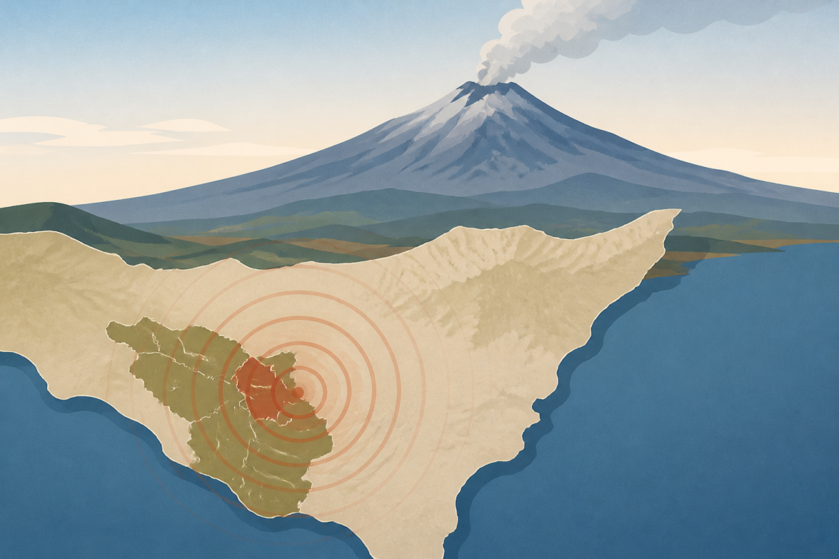 Illustrazione editoriale dell’Etna con una mappa stilizzata dell’area di Milo e linee grafiche che suggeriscono una scossa sismica, senza testo.