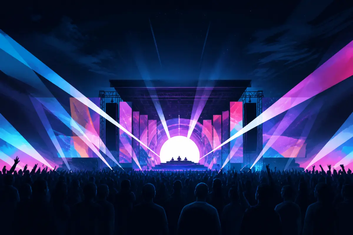 Illustrazione editoriale di un palco elettronico con luci geometriche e due DJ al centro, senza riferimenti testuali