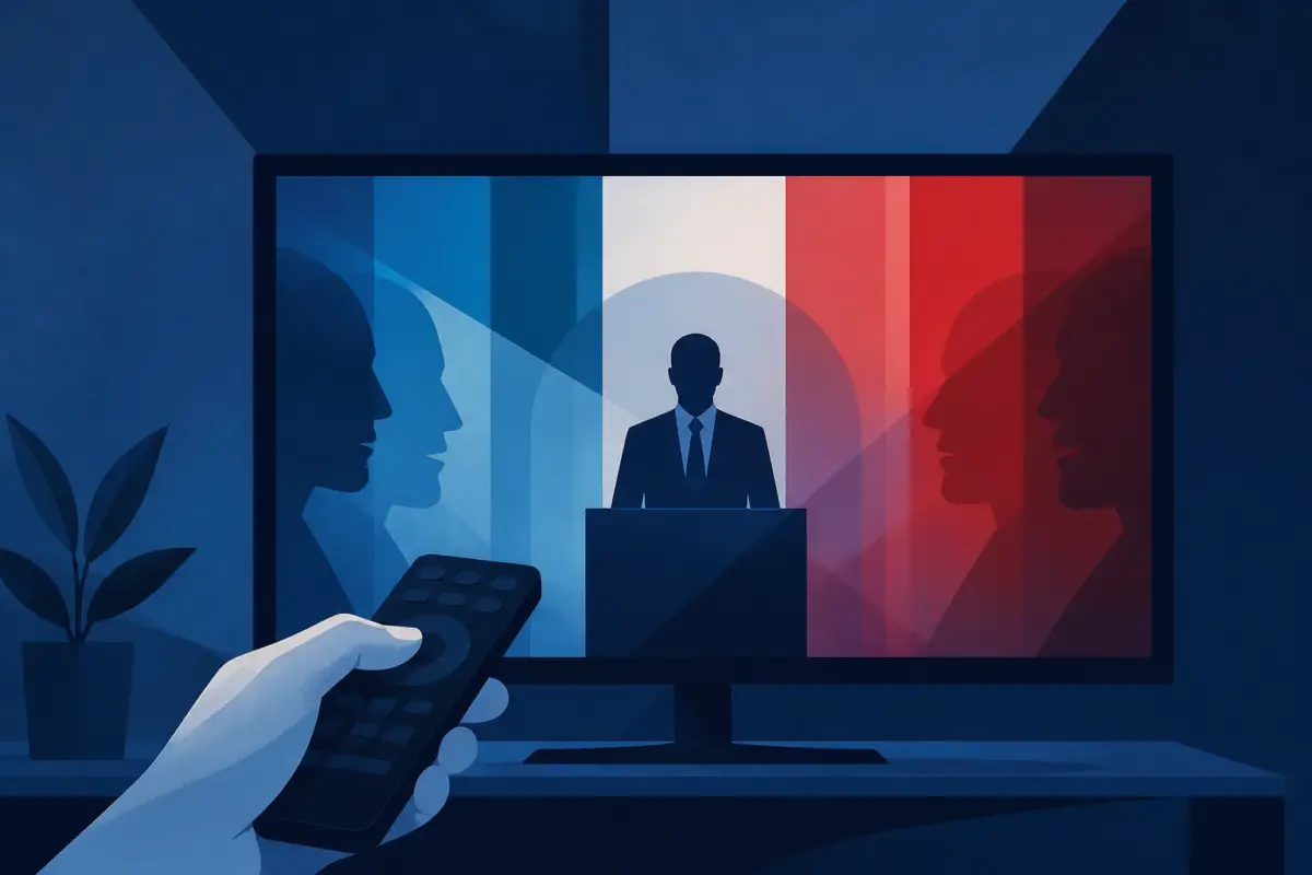 Illustrazione editoriale con un telecomando davanti a una schermata astratta ispirata a una serie politica in streaming, senza loghi o testo