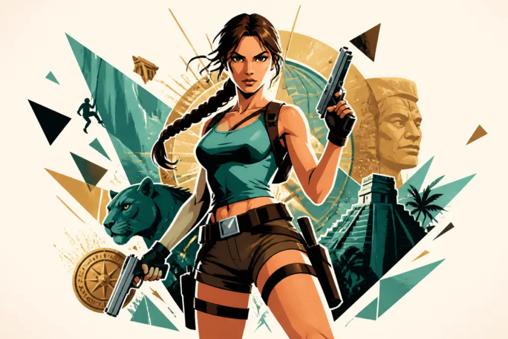 Illustrazione editoriale con Lara Croft stilizzata accanto a elementi celebrativi del 30° anniversario di Tomb Raider, senza testo.