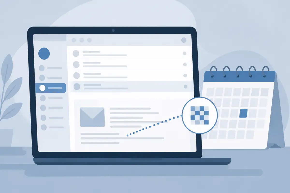 Illustrazione editoriale di una email aperta su schermo con un piccolo simbolo di tracciamento evidenziato e un calendario in secondo piano, stile pulito e informativo, senza testo