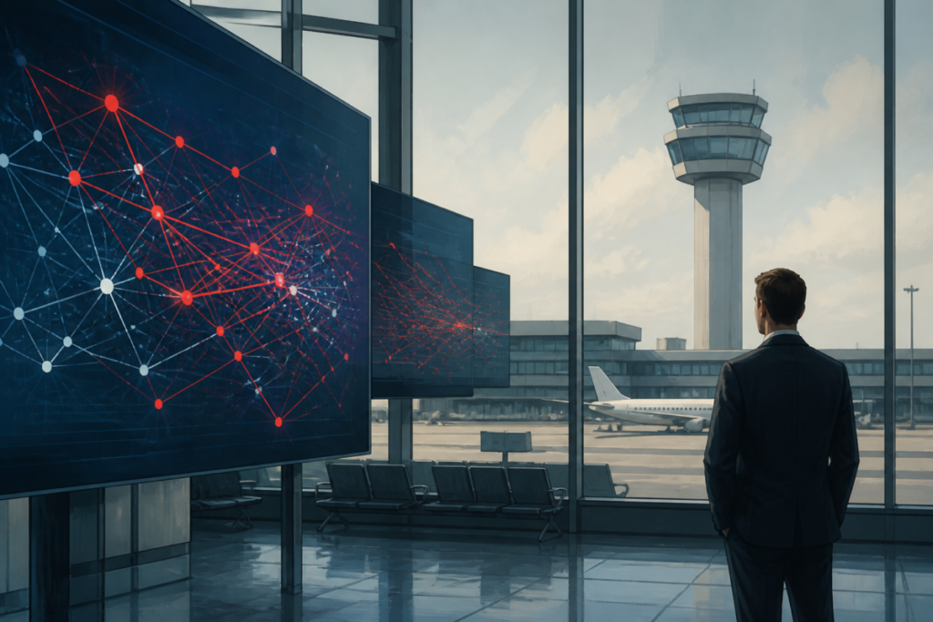 Illustrazione editoriale di un aeroporto italiano con schermi operativi e una rete digitale stilizzata che evidenzia un’anomalia tecnica