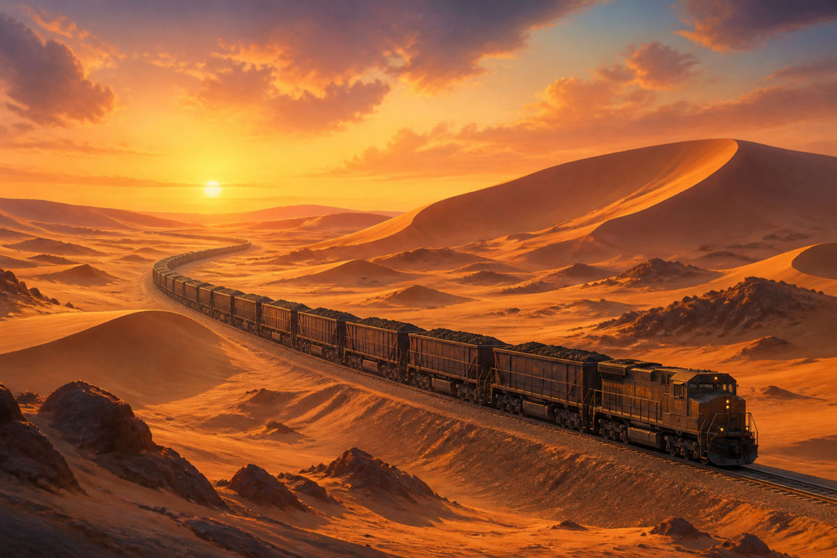 Illustrazione editoriale di un lungo treno minerario che attraversa le dune del Sahara al tramonto