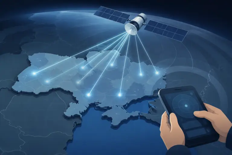 Illustrazione editoriale di un satellite in orbita sopra una mappa stilizzata dell’Ucraina con linee di connessione luminose e un telefono in primo piano