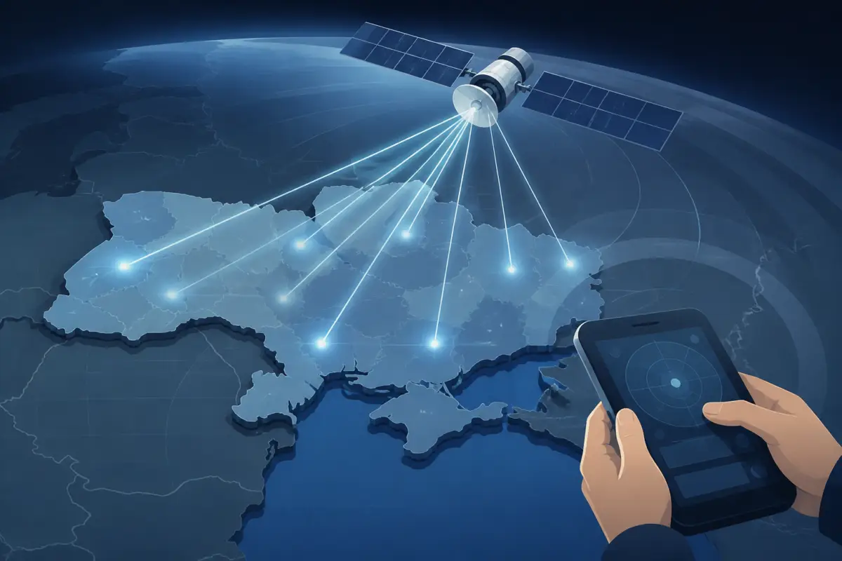 Illustrazione editoriale di un satellite in orbita sopra una mappa stilizzata dell’Ucraina con linee di connessione luminose e un telefono in primo piano