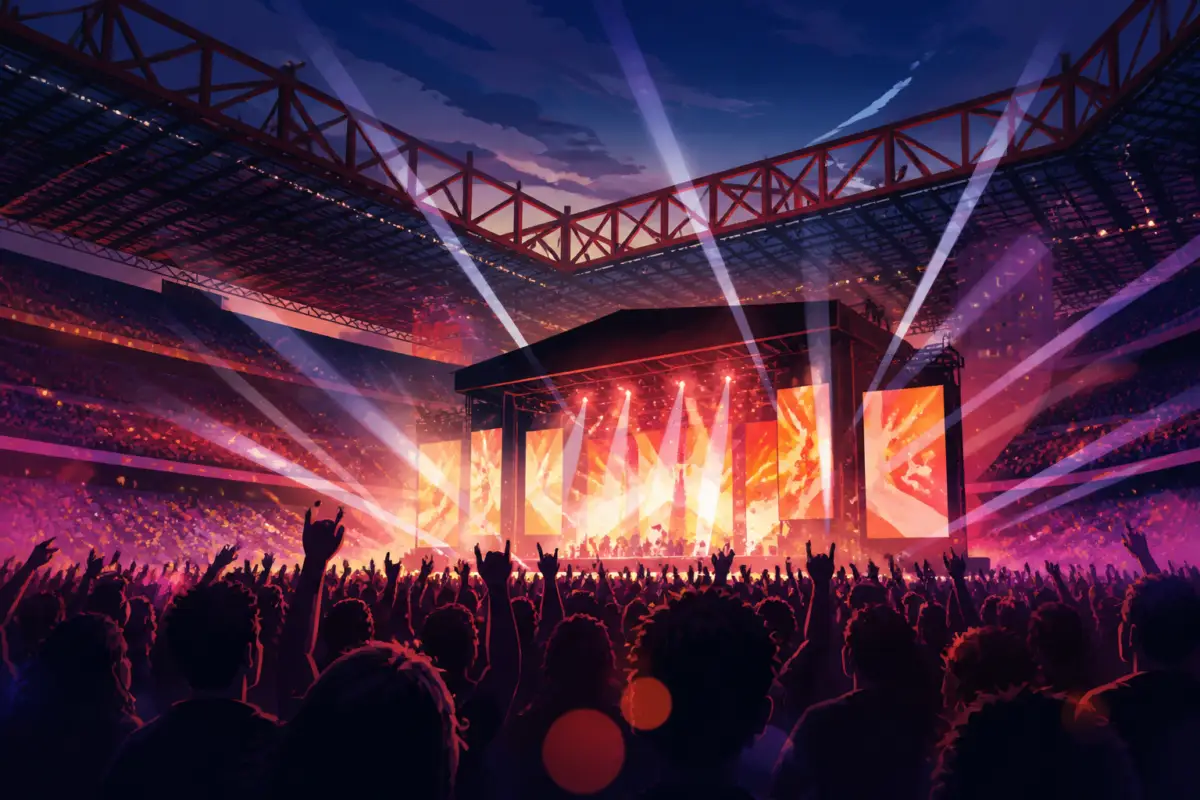 Illustrazione editoriale di un grande concerto rock in uno stadio di Milano, con luci sceniche e folla stilizzata