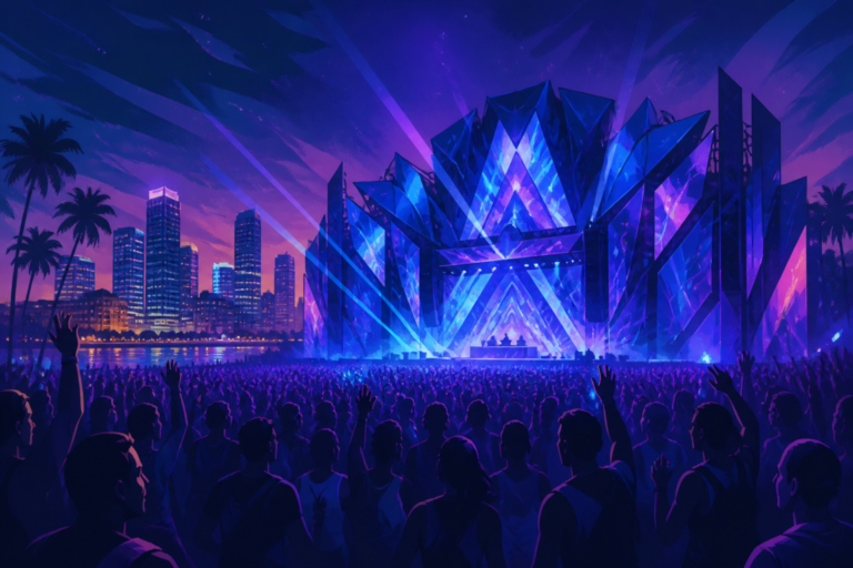 Illustrazione editoriale di un grande festival di musica elettronica al tramonto, con palco luminoso e folla stilizzata, senza testo.