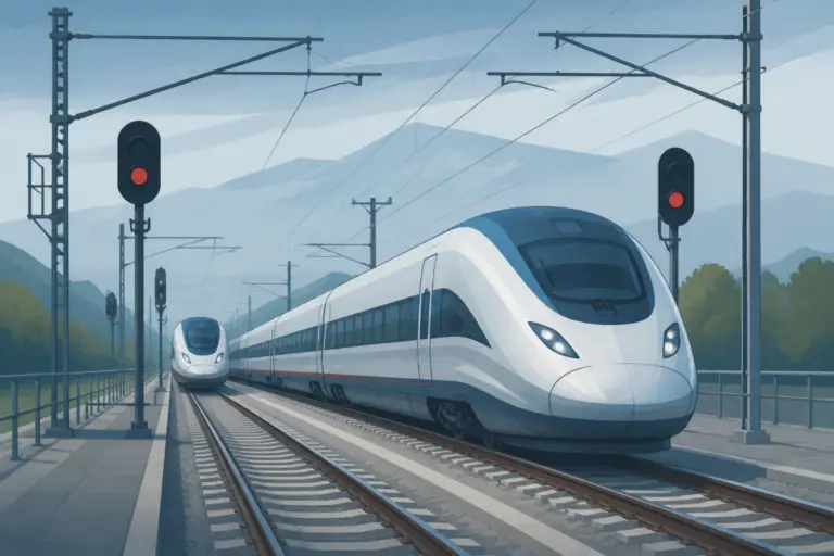 Illustrazione editoriale di due treni ad alta velocità su binari paralleli con segnaletica ferroviaria e sfondo neutro, senza testo