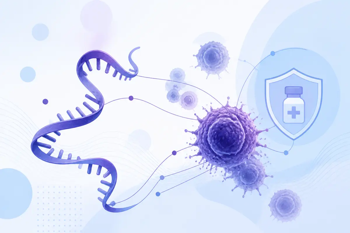 Illustrazione editoriale di una doppia elica di RNA stilizzata accanto a cellule tumorali semplificate e a un simbolo medico astratto, senza testo