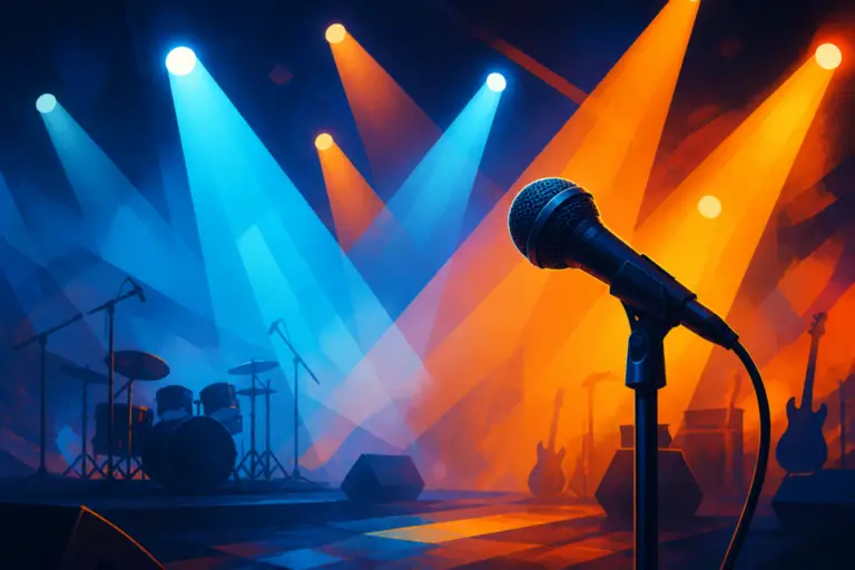 Illustrazione editoriale di un palco con microfono, luci e atmosfera da concerto, dedicata a Vasco Rossi e al nuovo live di Marea.